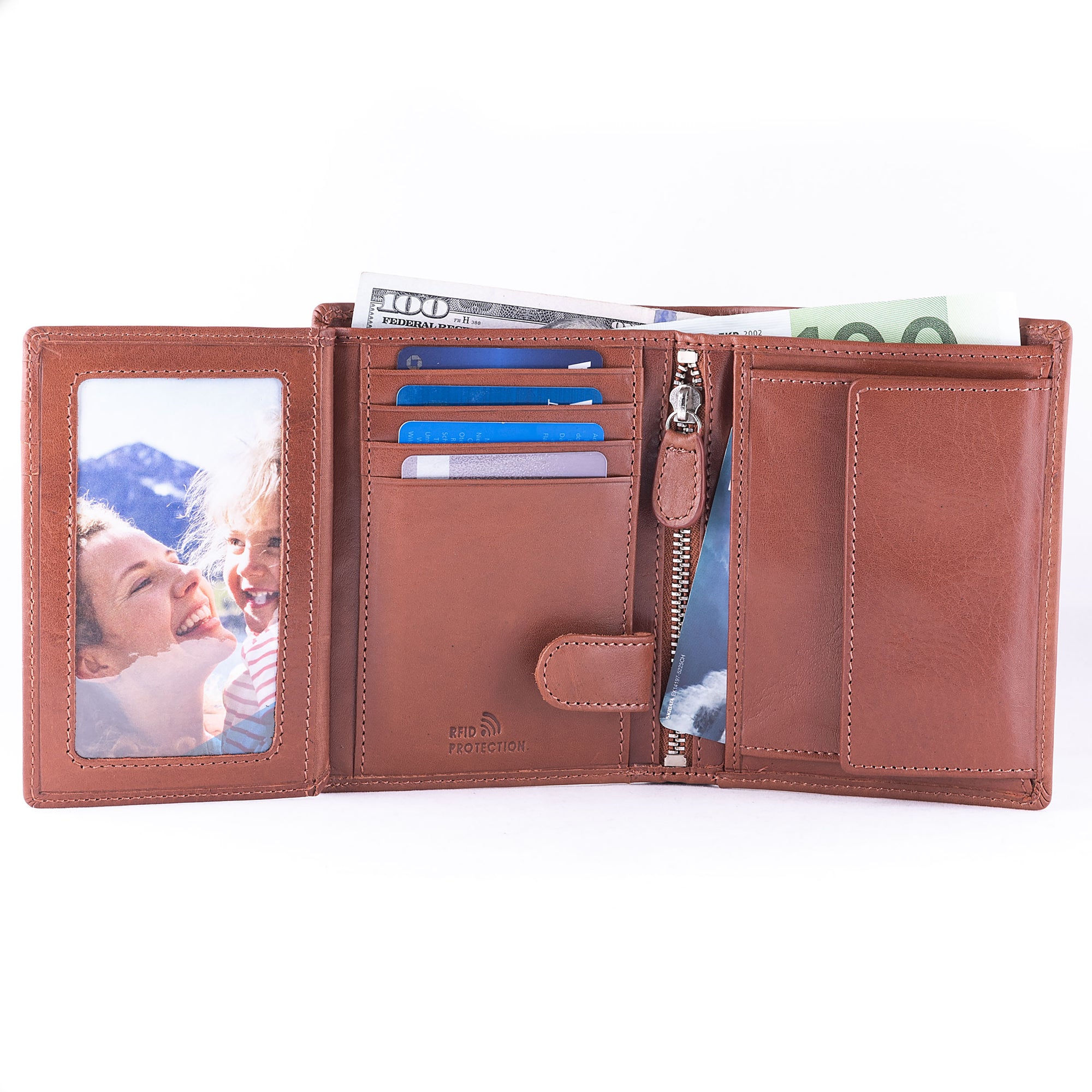 DiLoro Men's Vertical Leather Bifold Flip ID Zip Coin Wallet Bugatti Tan with RFID Protection  - Inside View