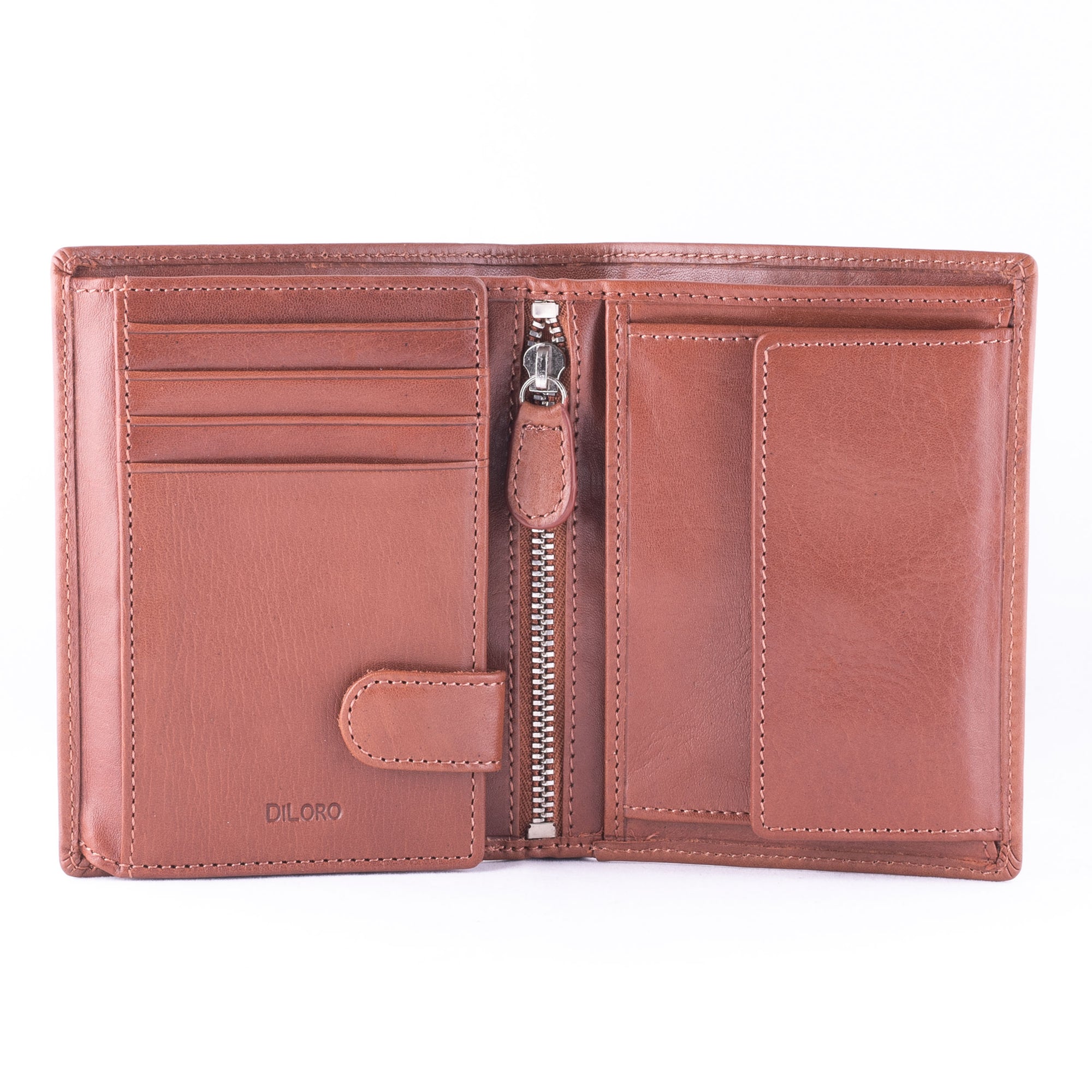 DiLoro Men's Vertical Leather Bifold Flip ID Zip Coin Wallet Bugatti Tan with RFID Protection  - Inside View