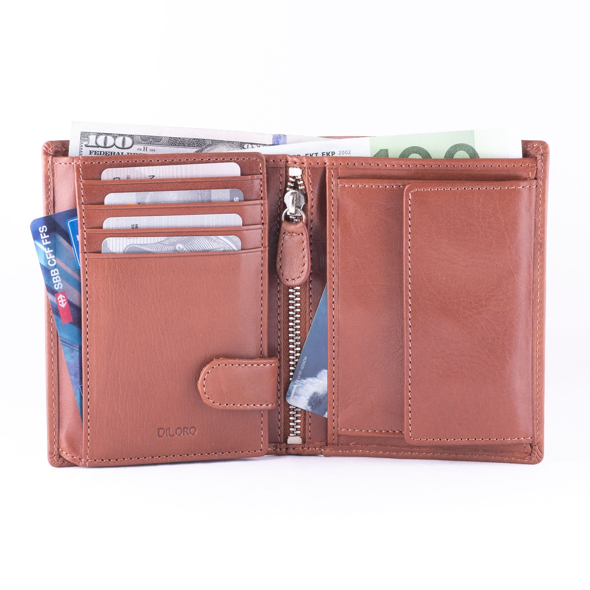 DiLoro Men's Vertical Leather Bifold Flip ID Zip Coin Wallet Bugatti Tan with RFID Protection  - Inside View