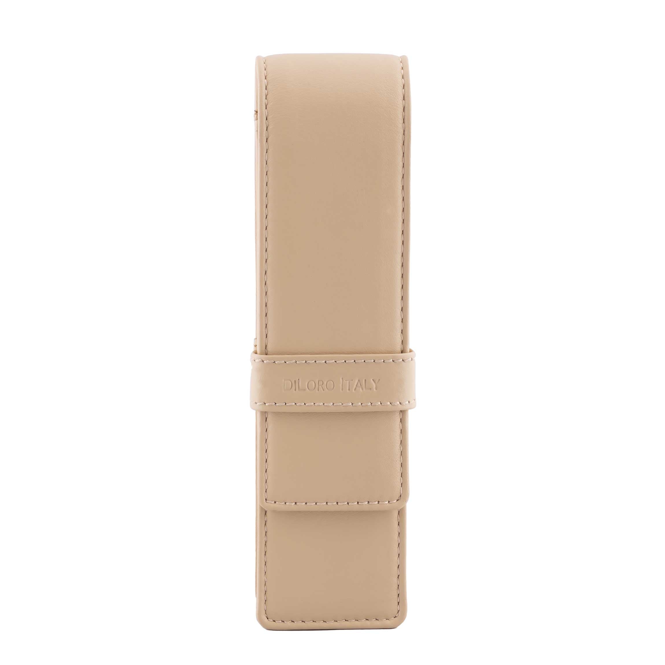 DiLoro Double Pen Case Holder in Top Quality, Full Grain Nappa Leather - Beige (Off White), Front