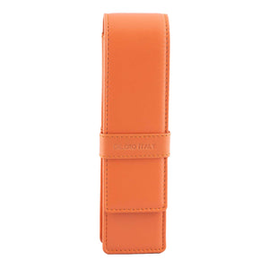 DiLoro Double Pen Case Holder in Top Quality, Full Grain Nappa Leather - Orange, Front
