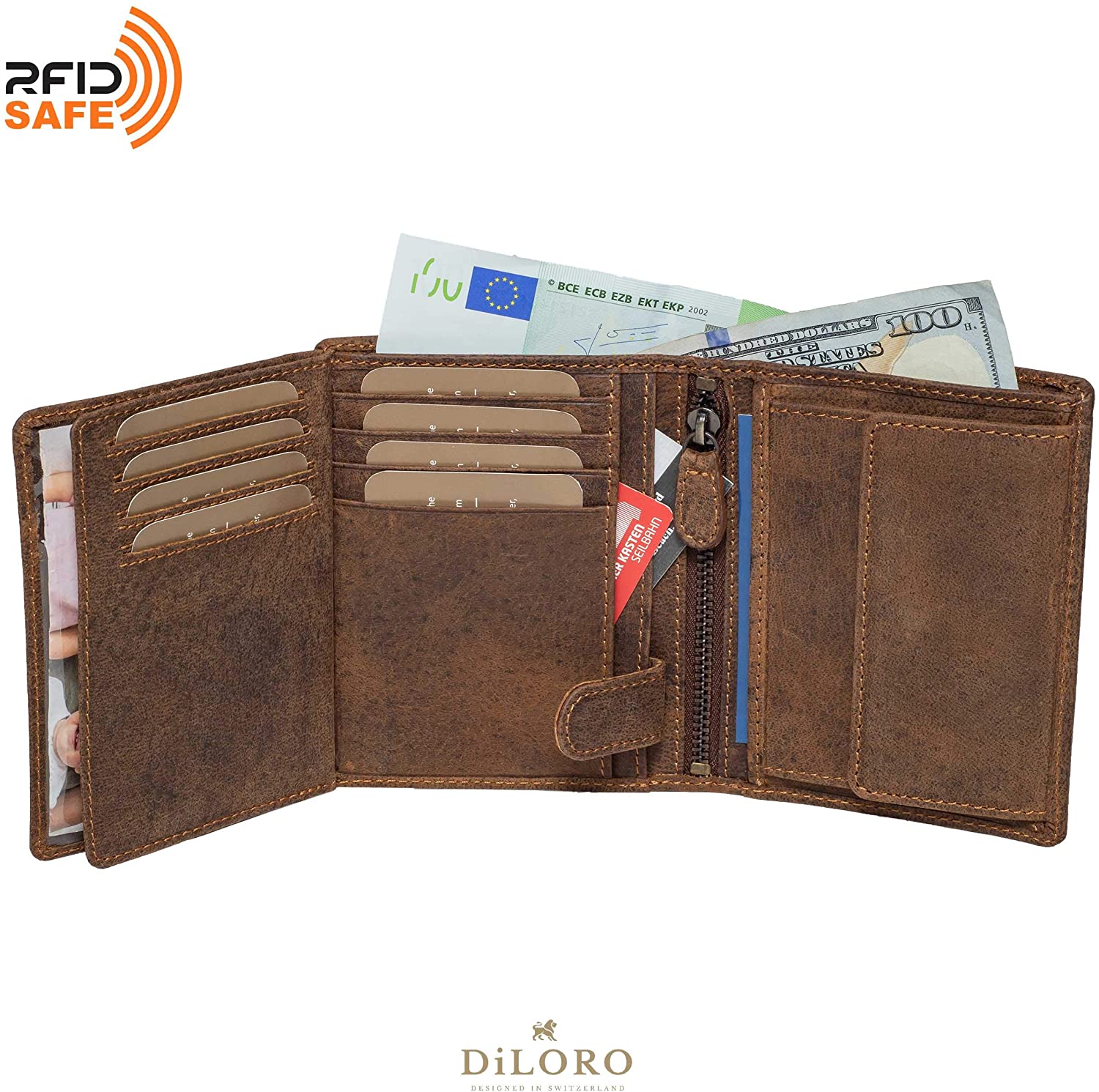 DiLoro Men's Vertical Leather Bifold Flip ID Zip Coin Wallet Hunter Brown with RFID Protection  - Inside View