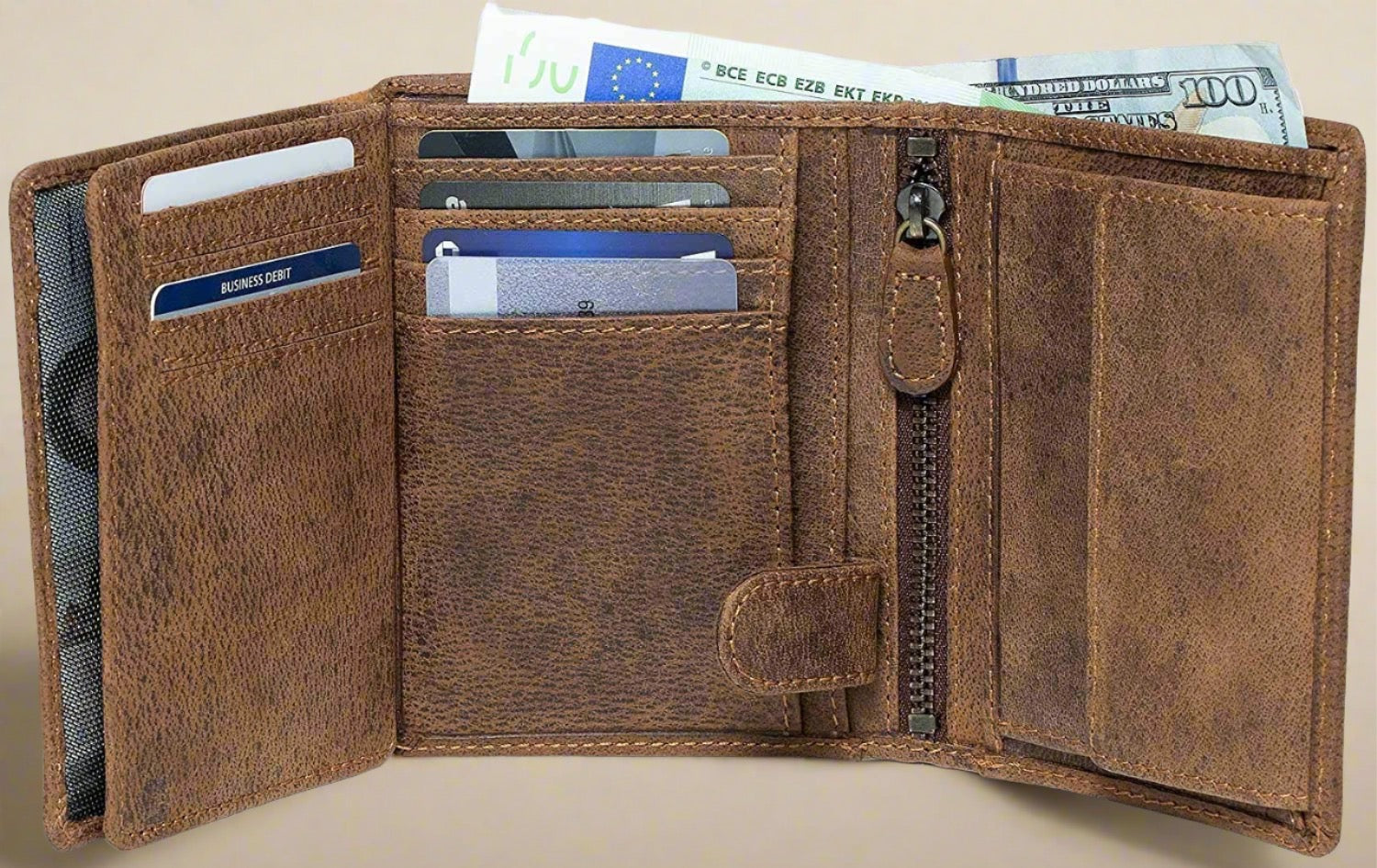 DiLoro Men's Vertical Leather Bifold Flip ID Zip Coin Wallet Hunter Brown with RFID Protection  - Inside View Close Up