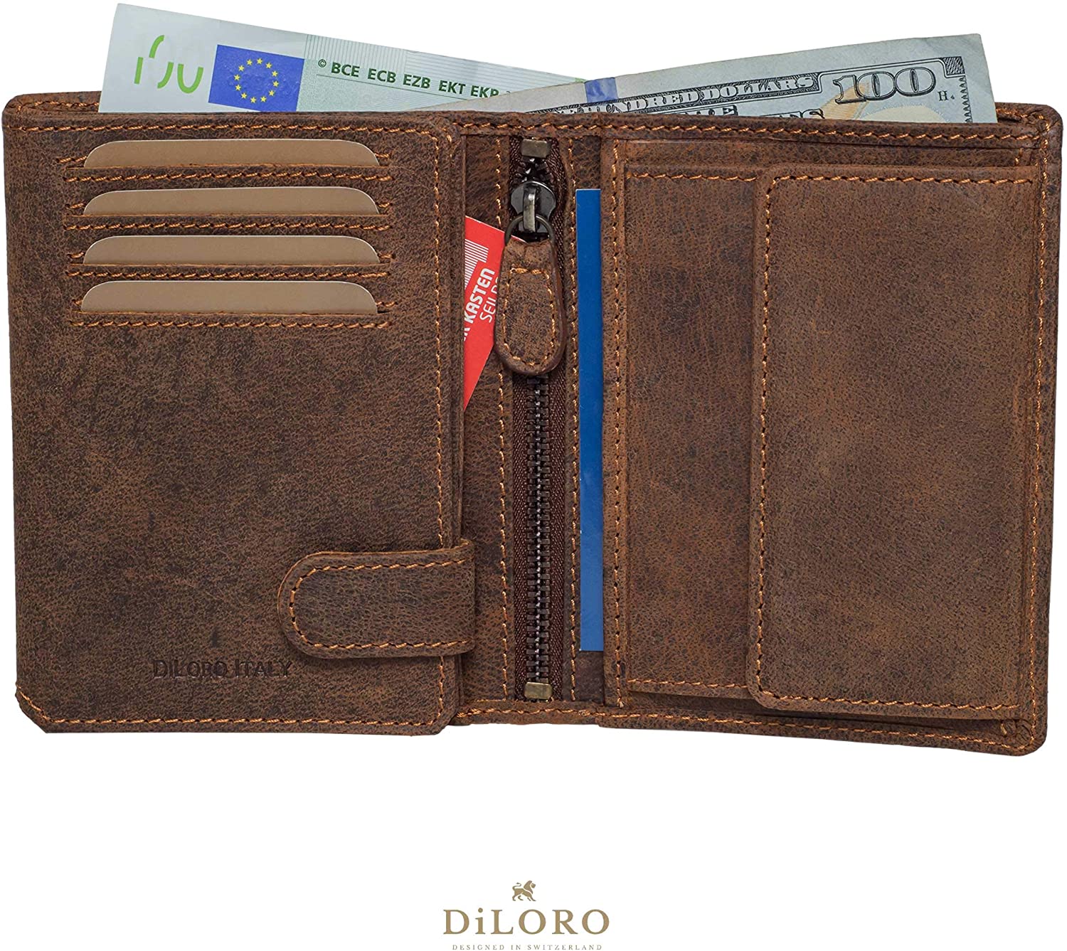 DiLoro Men's Vertical Leather Bifold Flip ID Zip Coin Wallet Hunter Brown with RFID Protection  - Inside View Details