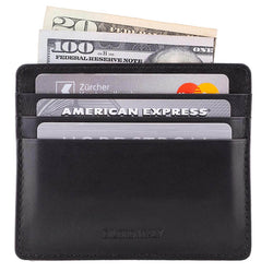 Front View Black Nappa DiLoro Leather Ultra Slim RFID Blocking Minimalist Travel Card Wallet