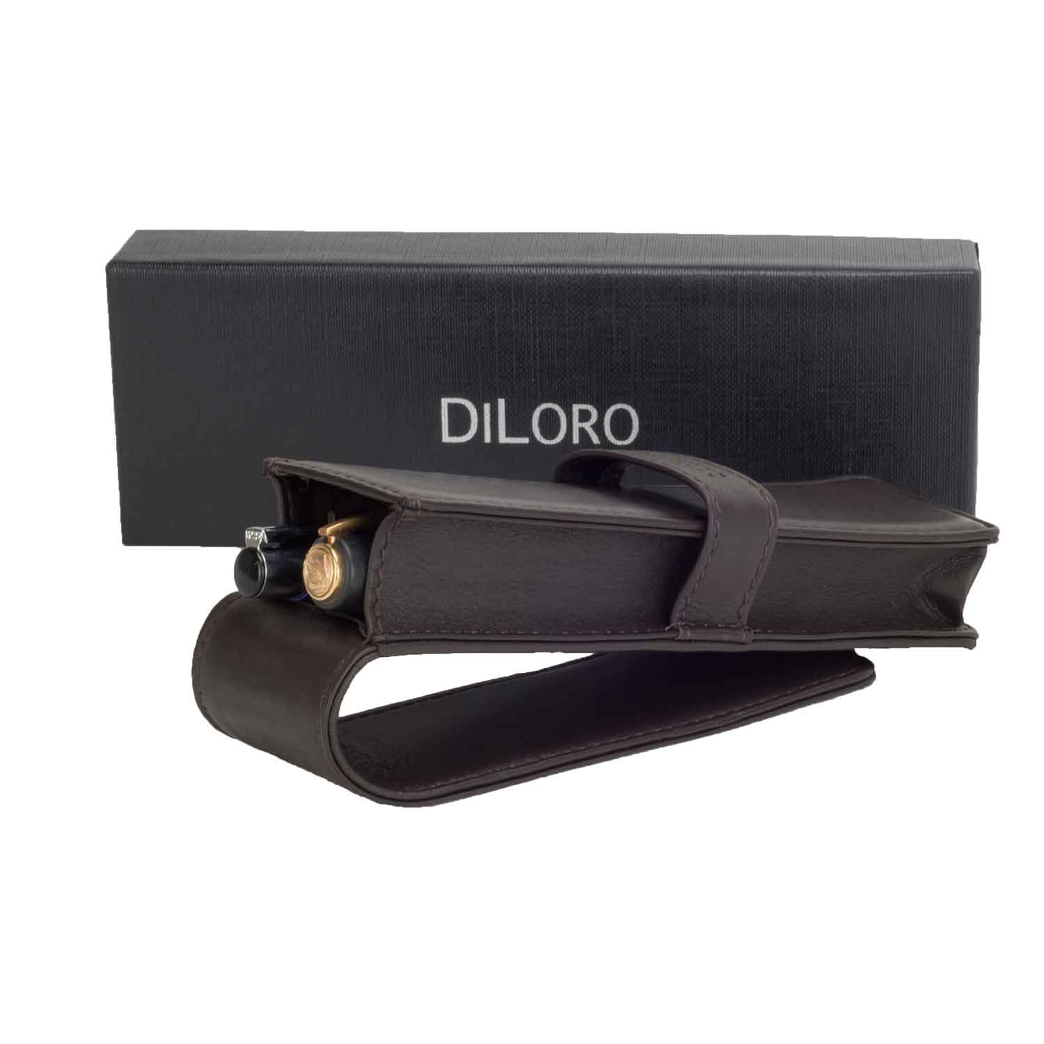 DiLoro Double Pen Case Holder in Top Quality, Full Grain Nappa Leather - Dark Brown (inside view)