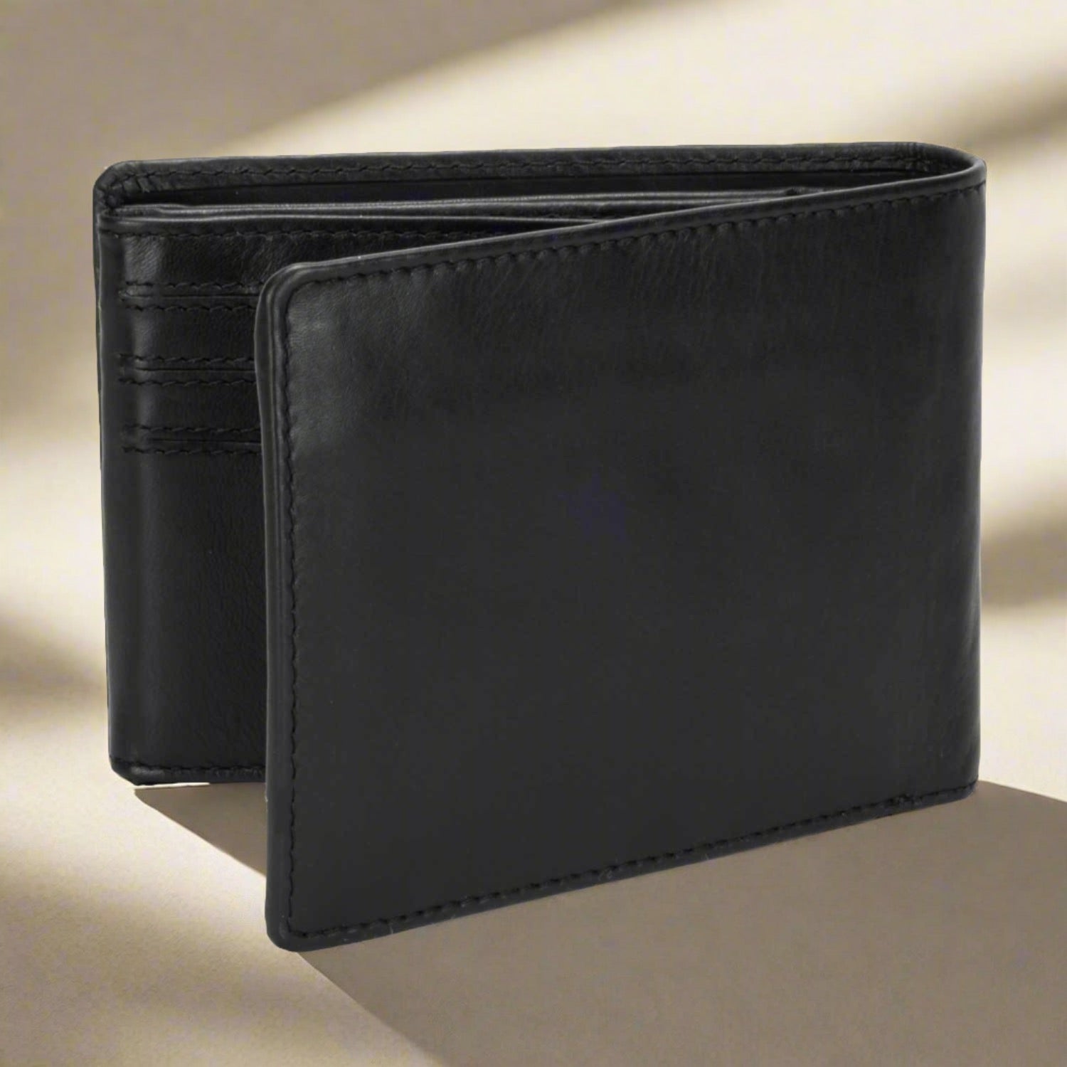 DiLoro Men's Leather Bifold Flip ID Zip Coin Wallet with RFID Protection in Black. Full grain nappa leather - best quality leather! Back, side view
