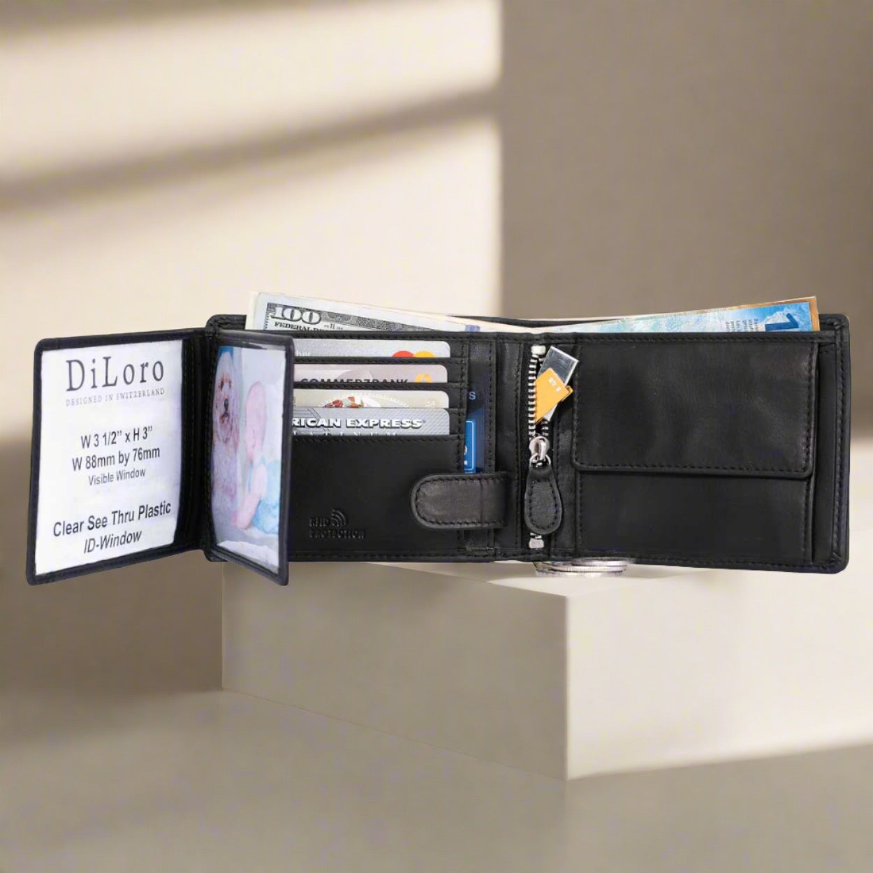 DiLoro Men's Leather Bifold Flip ID Zip Coin Wallet with RFID Protection - Black