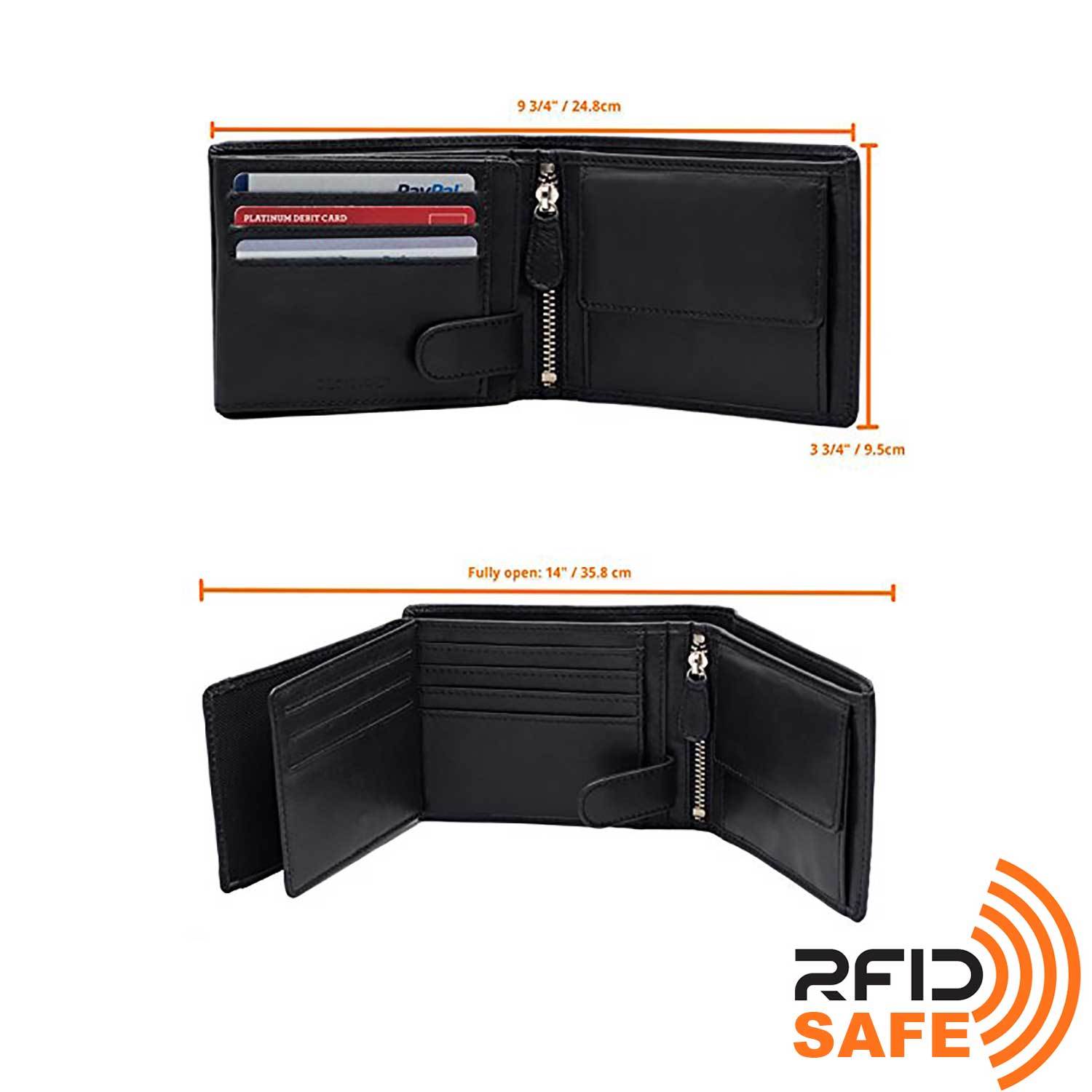 DiLoro Men's Leather Bifold Flip ID Zip Coin Wallet with RFID Protection in Black. Full grain nappa leather - best quality leather! Dimensions of our wallet.