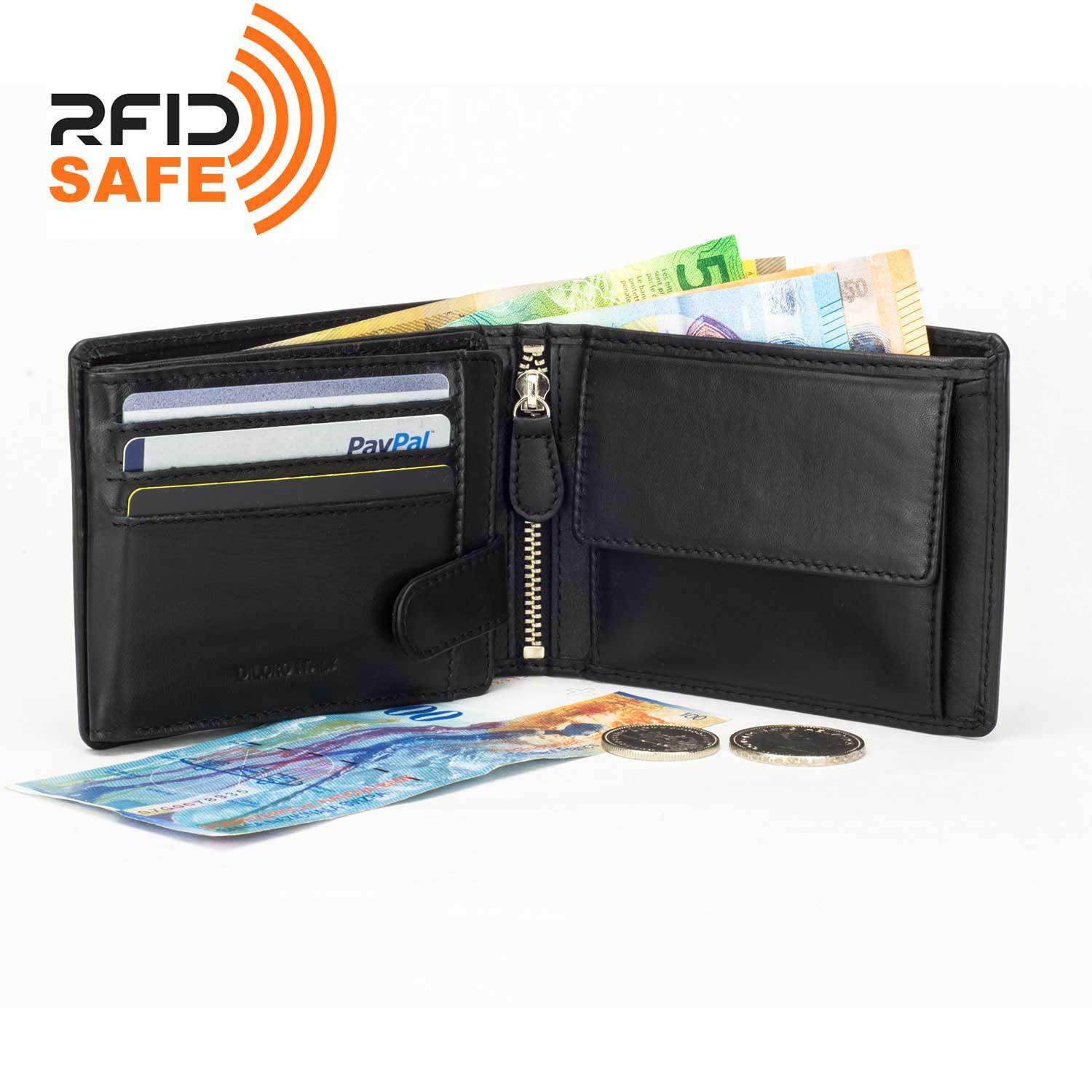 DiLoro Men's Leather Bifold Flip ID Zip Coin Wallet with RFID Protection - Black