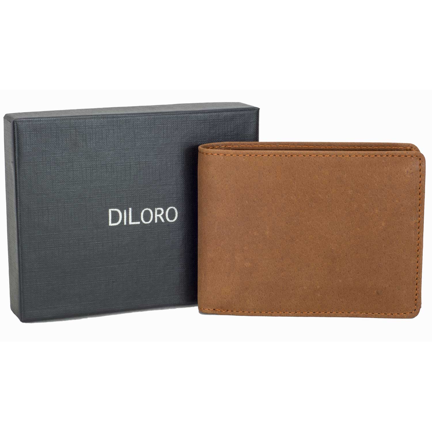 DiLoro Men's Leather Bifold Flip ID Zip Coin Wallet with RFID Protection in Natural (Light) Hunter Brown) with Gift Box