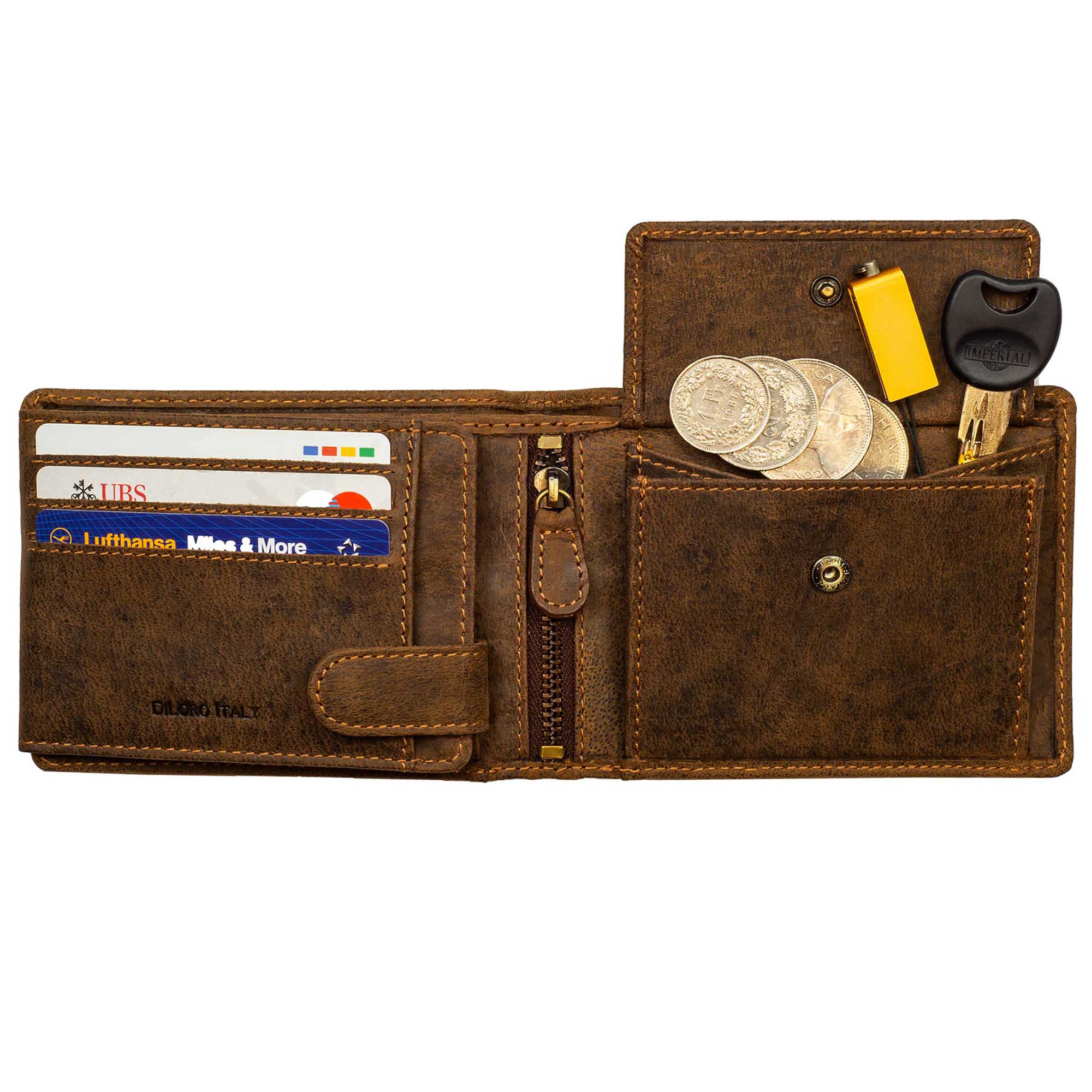 DiLoro Men's Leather Bifold Flip ID Zip Coin Wallet with RFID Protection - Dark Hunter Brown