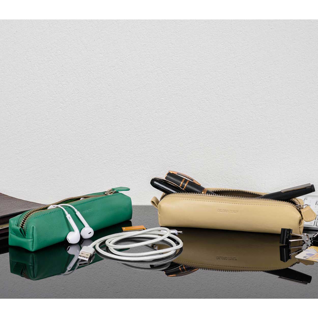 DiLoro Pen & Pencil Case: Color Light Green and Beige with YKK zippered pencil, pen case made from top quality, full grain nappa leather.