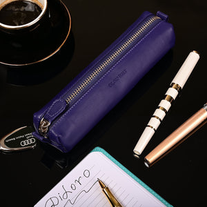 Multi-Purpose Zippered Leather Pen Pencil Case in Violet - Lifestyle Image