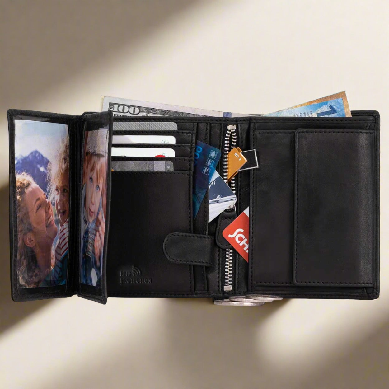 DiLoro Men's Vertical Leather Bifold Flip ID Zip Coin Wallet Black with RFID Protection - Fully Open View with Double Clear See-Thru  ID/Photo Windows