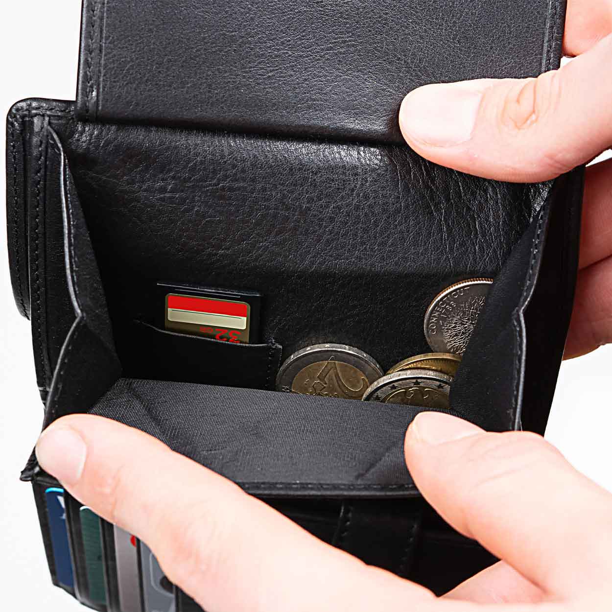 Men's Large Leather Wallet RFID Vertical 2.0 Black - Coin Compartment with SD or Sim Card Slot