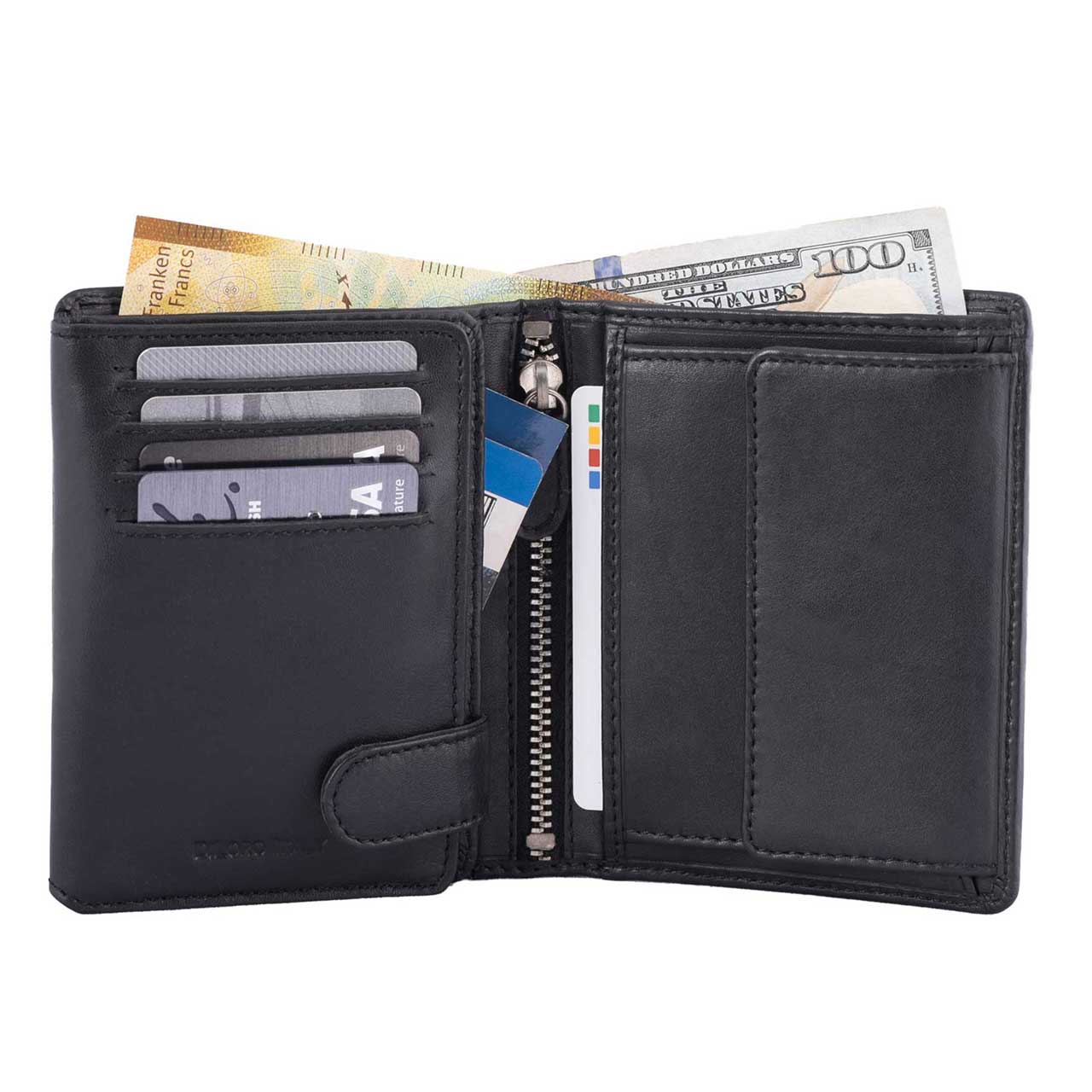 DiLoro Men's Vertical Leather Bifold Flip ID Zip Coin Wallet Black with RFID Protection  - Half Open View