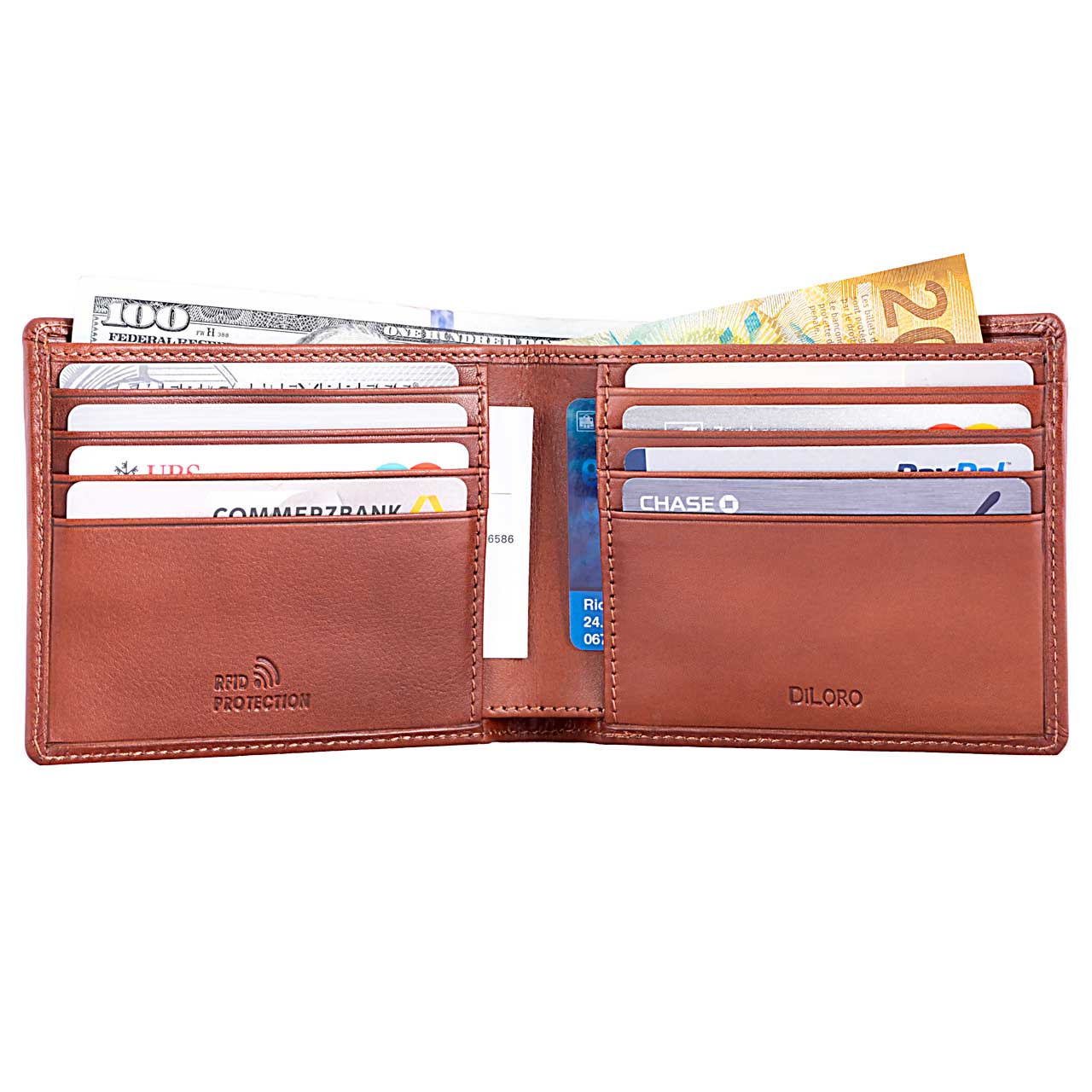 DiLoro Men's Bifold Leather Wallet Lugano Collection Bugatti Tan - Inside View