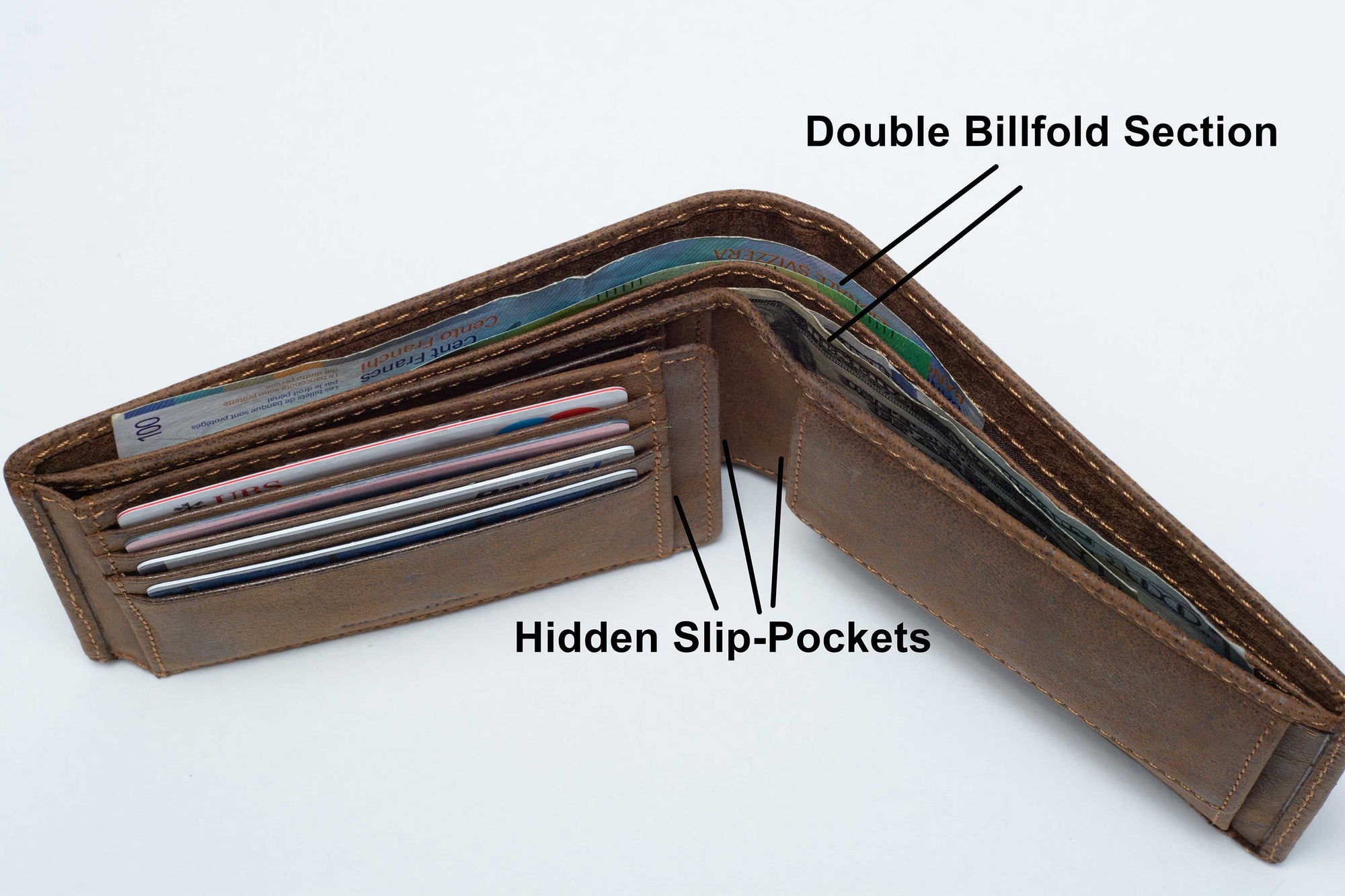 DiLoro Italy Men's Leather Wallet RFID Blocking Genuine Full Grain, Vegetable Tanned Leather, Bifold Flip Coin Wallet with RFID Blocking Technology to Protect your from Identity Theft, Dark Hunter Brown - Top View with Double Billfold Section