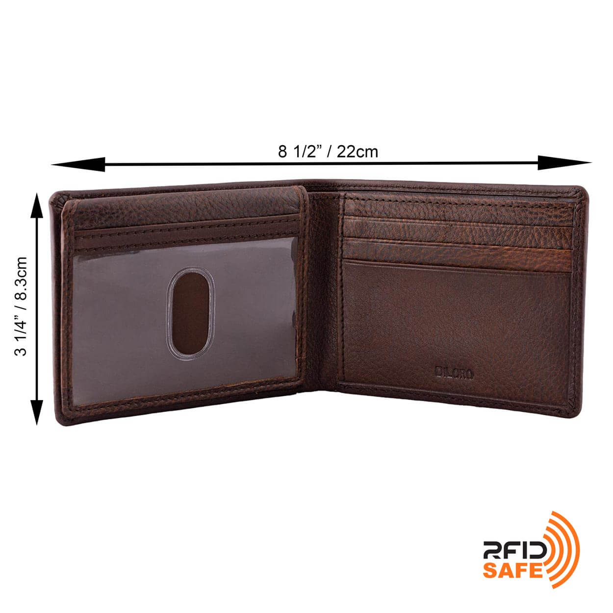 DiLoro Men's Slim Leather Wallet 2 ID Windows Gemini Brown - Dimensions Half Open ID Window down