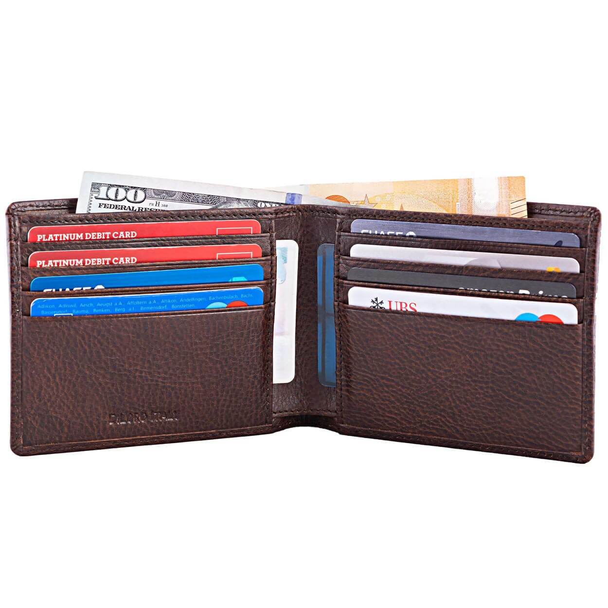DiLoro Men's Bifold Leather Wallet Lugano Gemini Brown - Open, Inside View