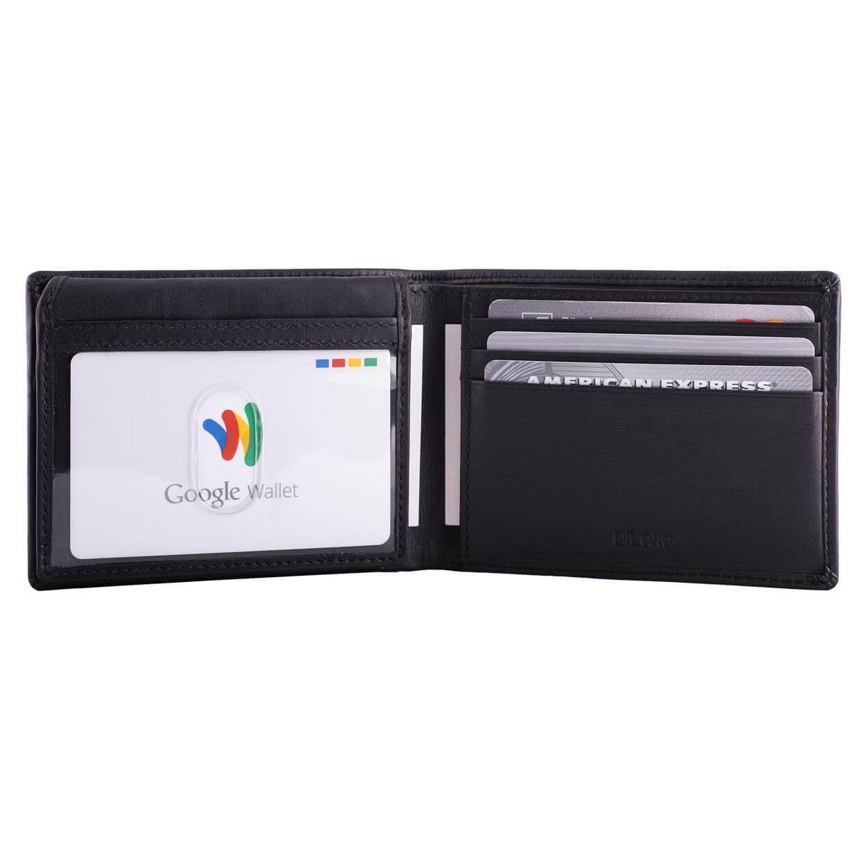 A double-sided ID window bifold wallet made from genuine Napa leather with RFID blocking technology - Napa Black, Half Open, ID Folded Down