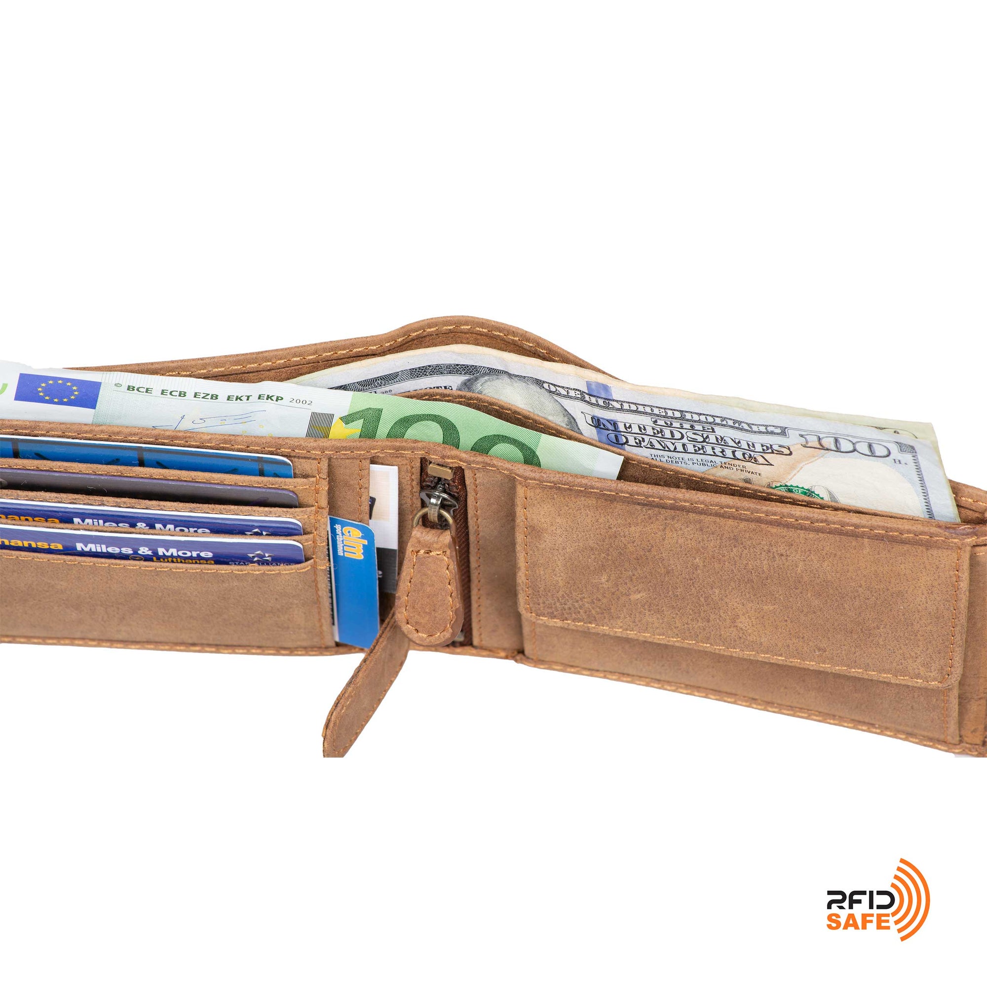 DiLoro Men's Leather Bifold Flip ID Zip Coin Wallet with RFID Protection - Inside View with Double Billfold section