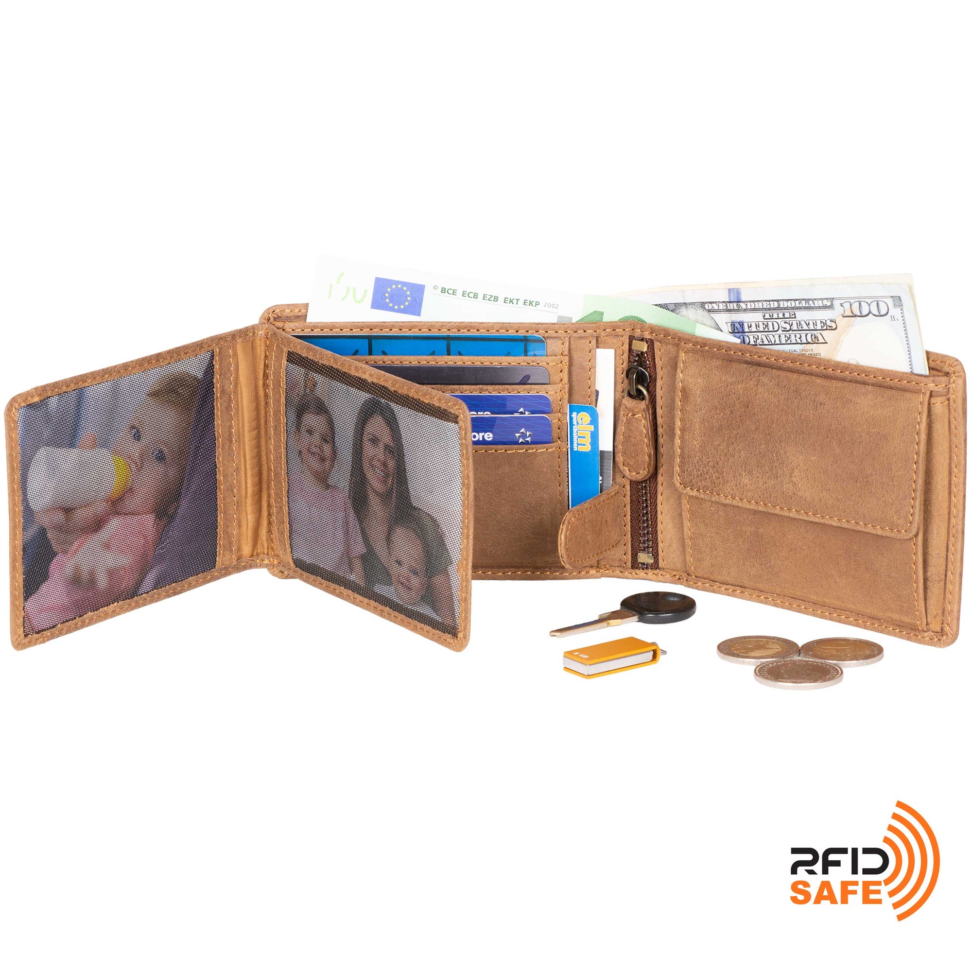 DiLoro Men's Leather Bifold Flip ID Zip Coin Wallet with RFID Protection in Natural (Light Hunter Brown) - Fully Open View Double Flip ID Windows