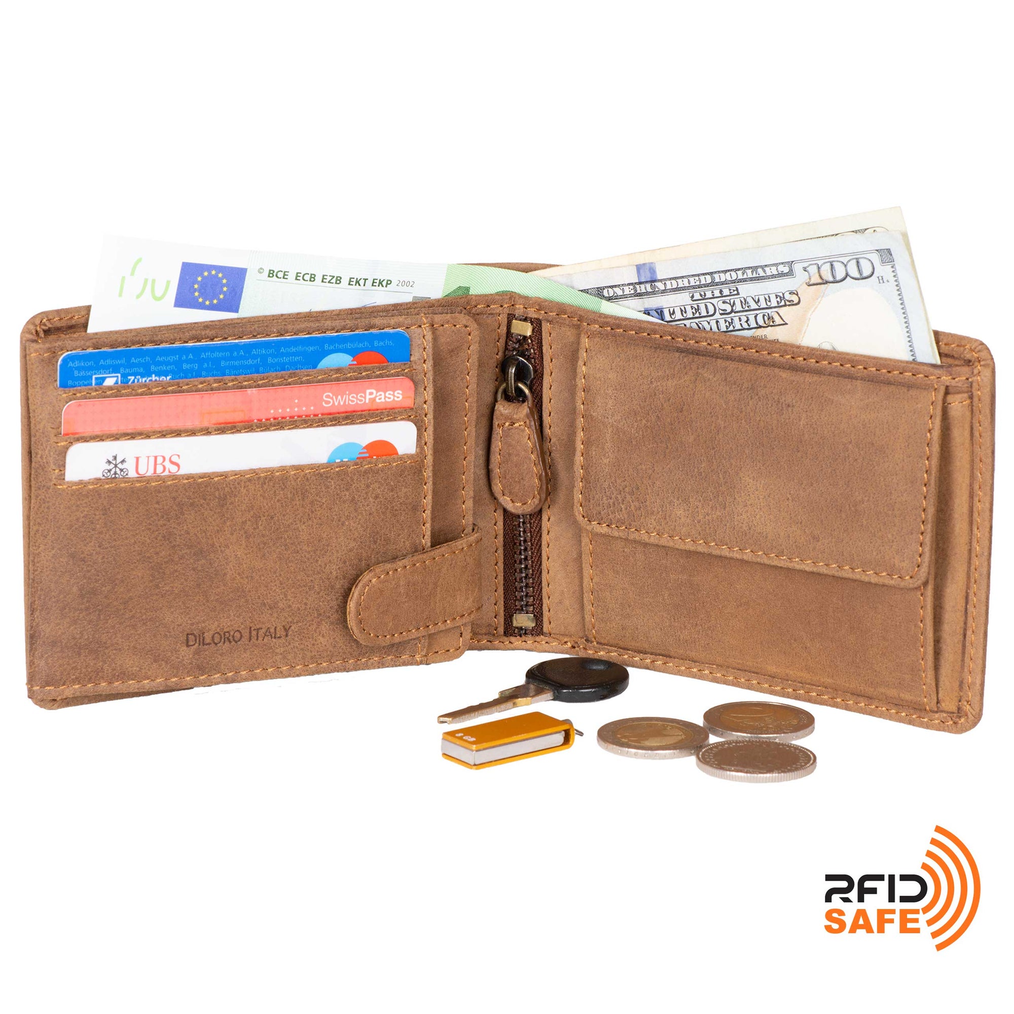 DiLoro Men's Leather Bifold Flip ID Zip Coin Wallet with RFID Protection in Natural (Light Hunter Brown) - Half Open View