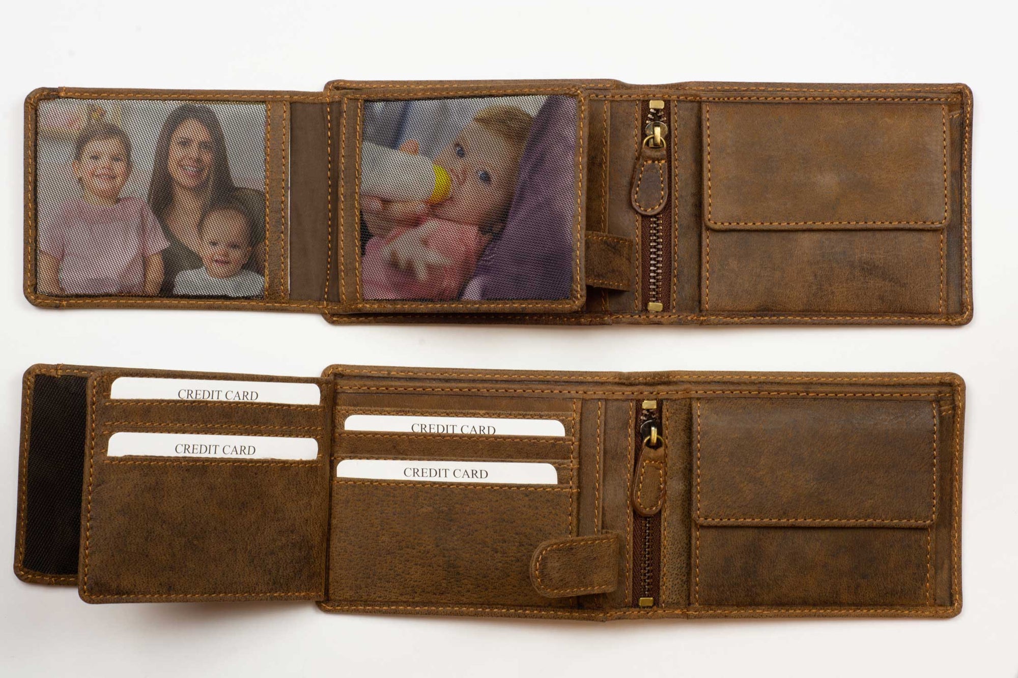 DiLoro Men's Leather Bifold Flip ID Zip Coin Wallet with RFID Protection - Dark Hunter Brown Full Open View, Flip ID open