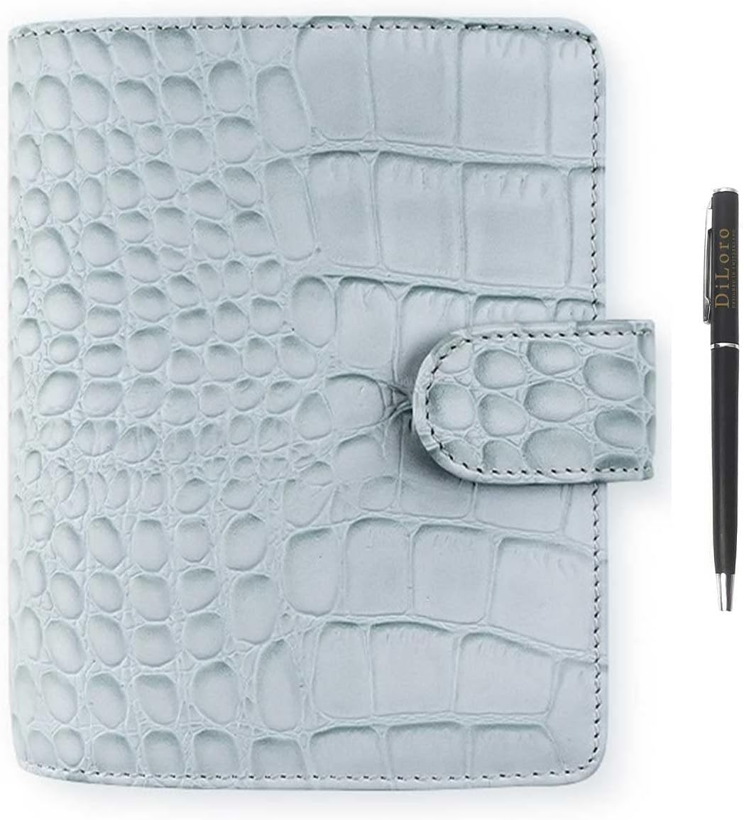 Filofax Classic Croc Print Pocket Silver Mist Leather Organizer Agenda Front with Free DiLoro pen