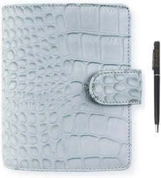 Filofax Classic Croc Print Pocket Silver Mist Leather Organizer Agenda Front with Free DiLoro pen