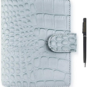 Filofax Classic Croc Print Pocket Silver Mist Leather Organizer Agenda Front with Free DiLoro pen