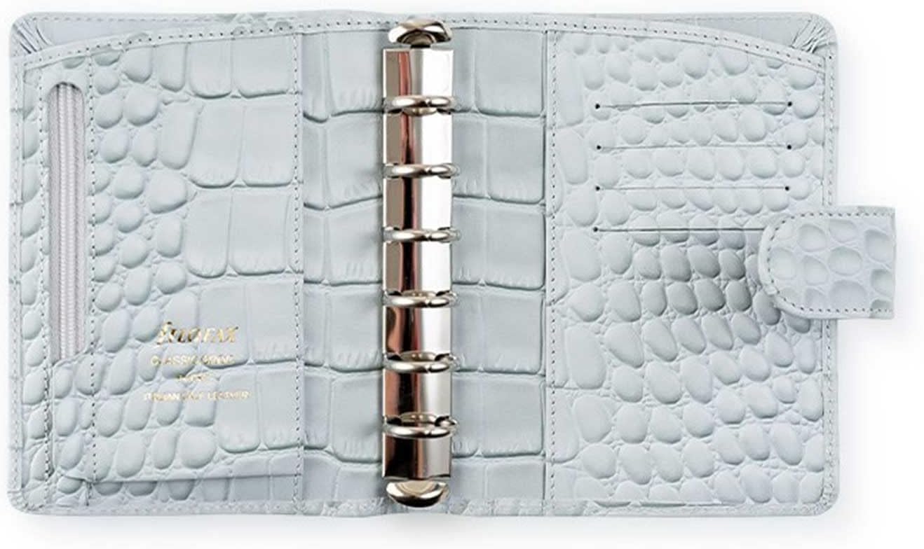 Filofax Classic Croc Print Pocket Silver Mist Leather Organizer Agenda Open