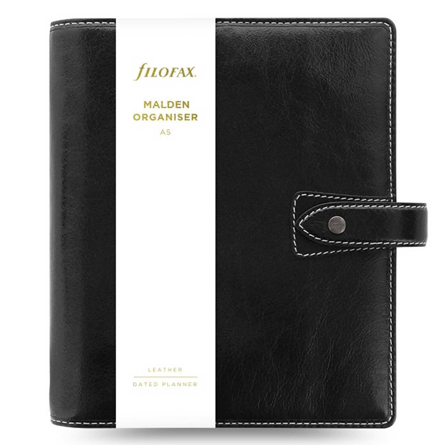  Filofax Malden A5 Black Leather Organizer Agenda Calendar Diary - Front View with Band