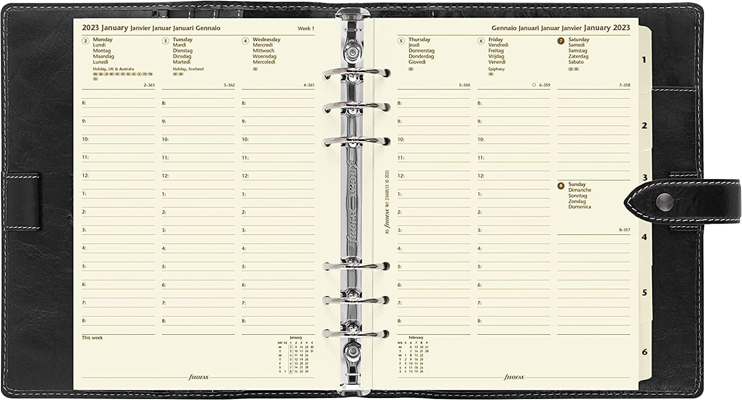 Filofax Malden A5 Black Leather Organizer Agenda Calendar - Open inside View with Calendar