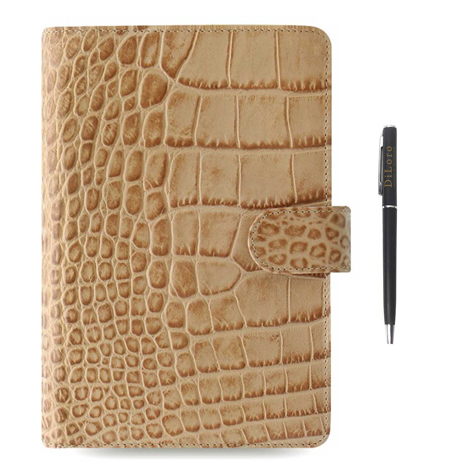 Filofax Classic Croc Print Personal Fawn Leather Organizer Agenda with Free DiLoro Ballpoint Pen