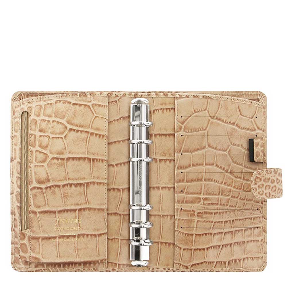 Filofax Classic Croc Print Personal Fawn Leather Organizer Agenda Open