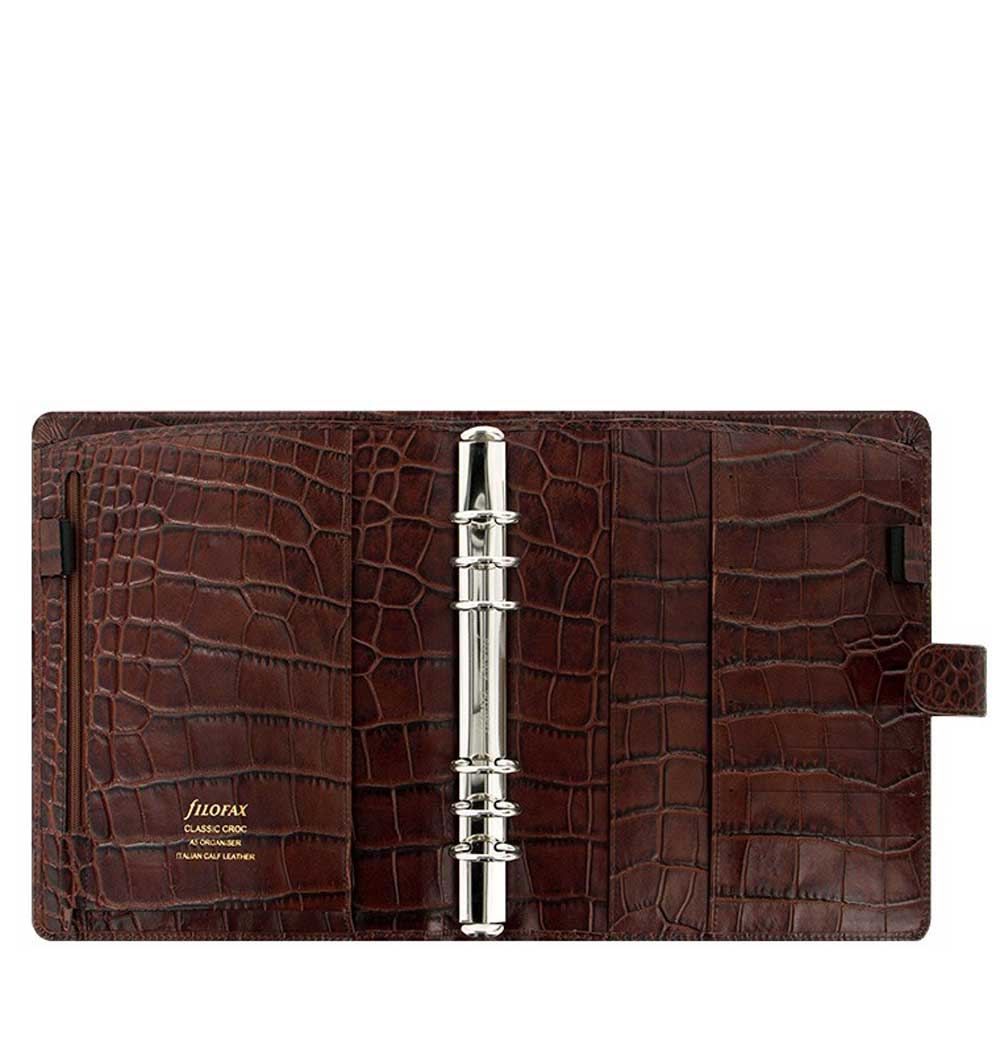 Filofax Classic Croc Print A5 Chestnut Leather Organizer Agenda Inside View