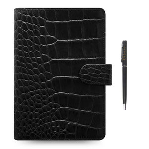 Filofax Classic Croc Print Personal Ebony Leather Organizer Agenda with Free DiLoro Ballpoint Pen