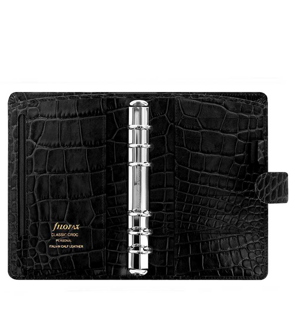 Filofax Classic Croc Print Personal Ebony Leather Organizer Agenda Open