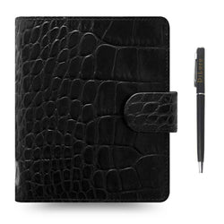 Filofax Classic Croc Print Pocket Ebony Leather Organizer Agenda 2021 with Free DiLoro Ballpoint Pen