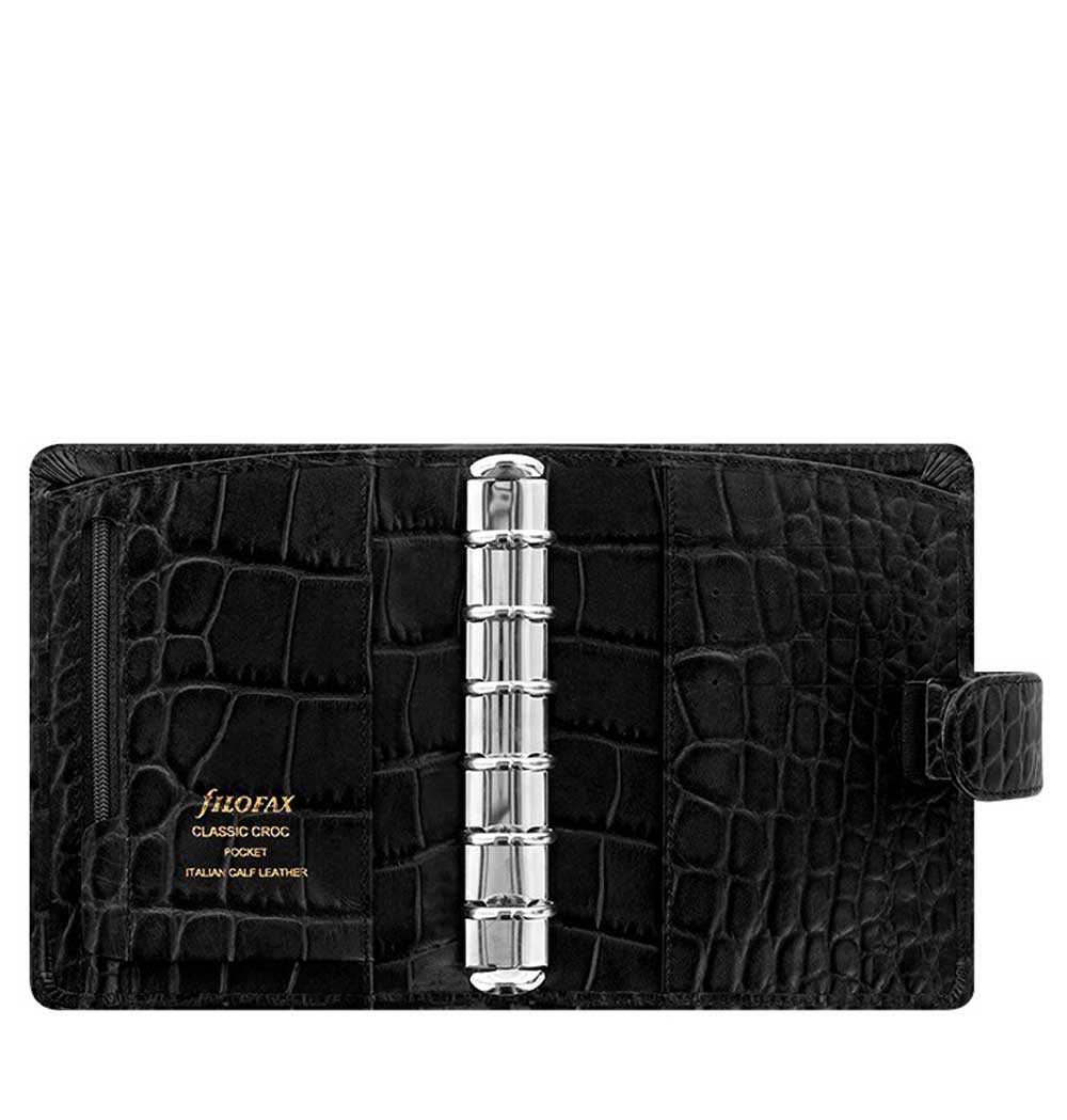Filofax Classic Croc Print Pocket Ebony Leather Organizer Agenda 2021 Open