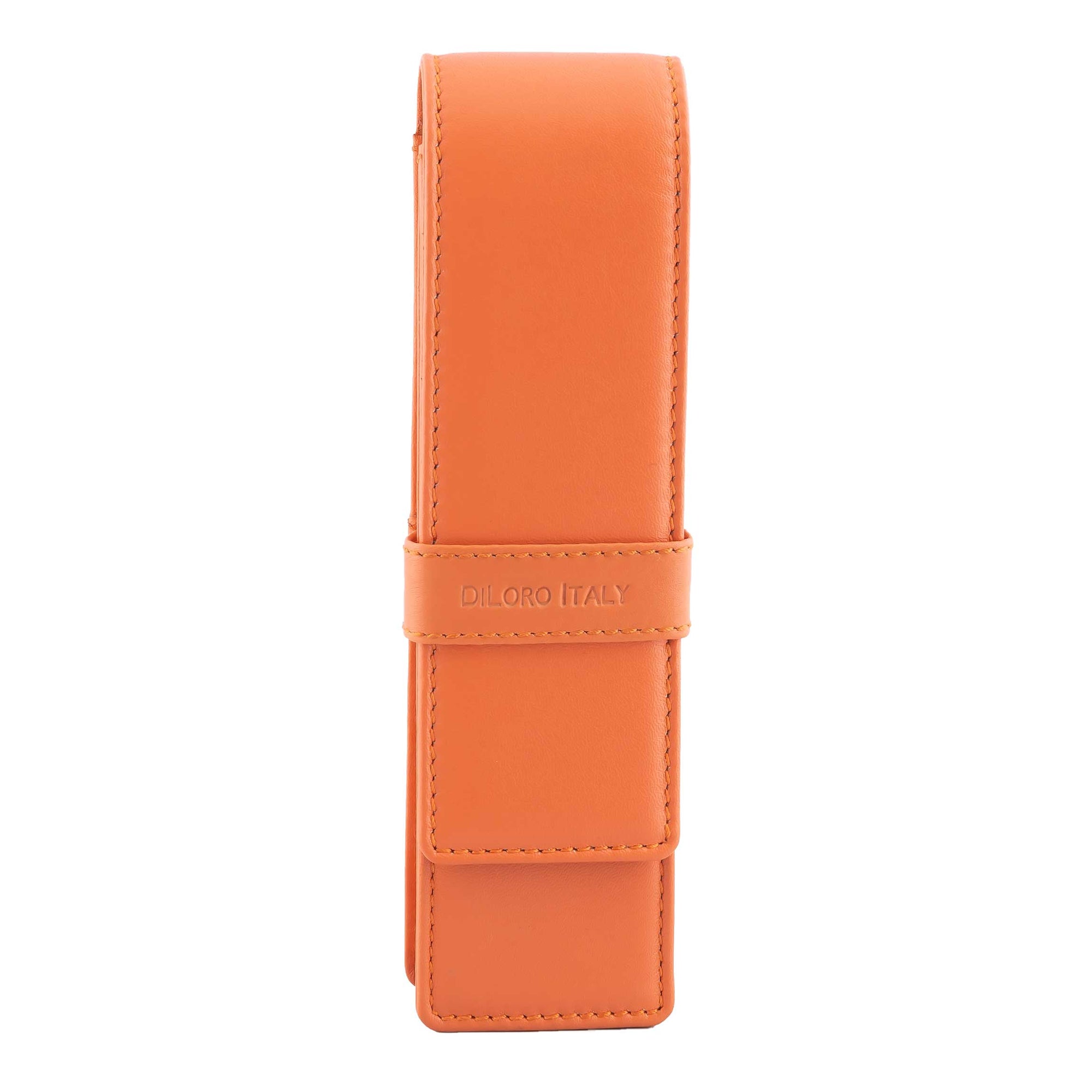 DiLoro Double Pen Case Holder in Top Quality, Full Grain Nappa Leather - Orange, Front
