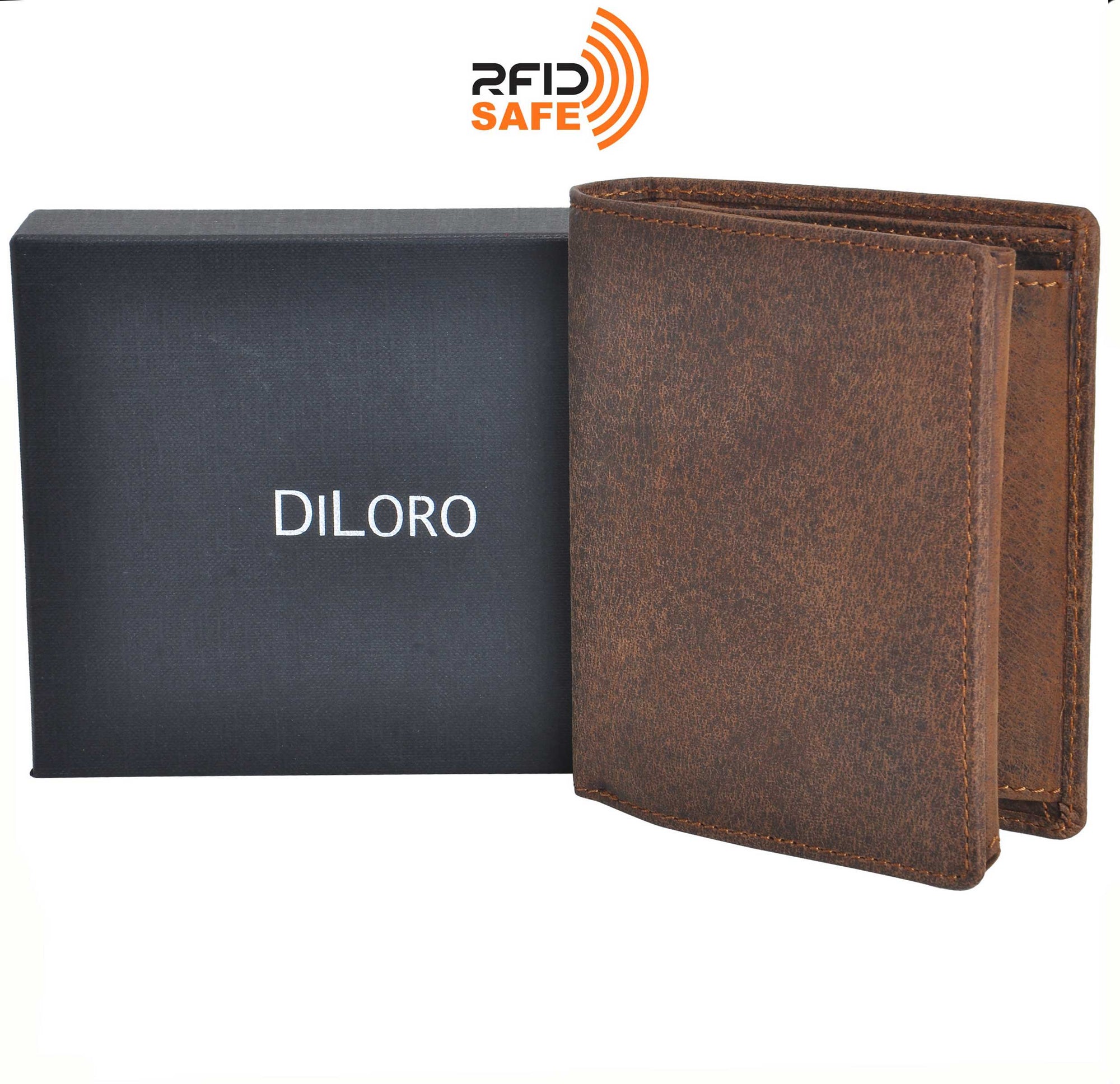 DiLoro Men's Vertical Leather Bifold Flip ID Zip Coin Wallet RFID Save in Dark Hunter Brown with DiLoro Gift Box and RFID Logo