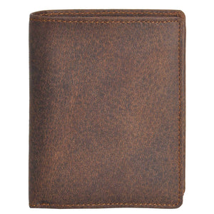 DiLoro Men's Vertical Leather Bifold Flip ID Zip Coin Wallet in Dark Hunter Brown with RFID Protection - Front View