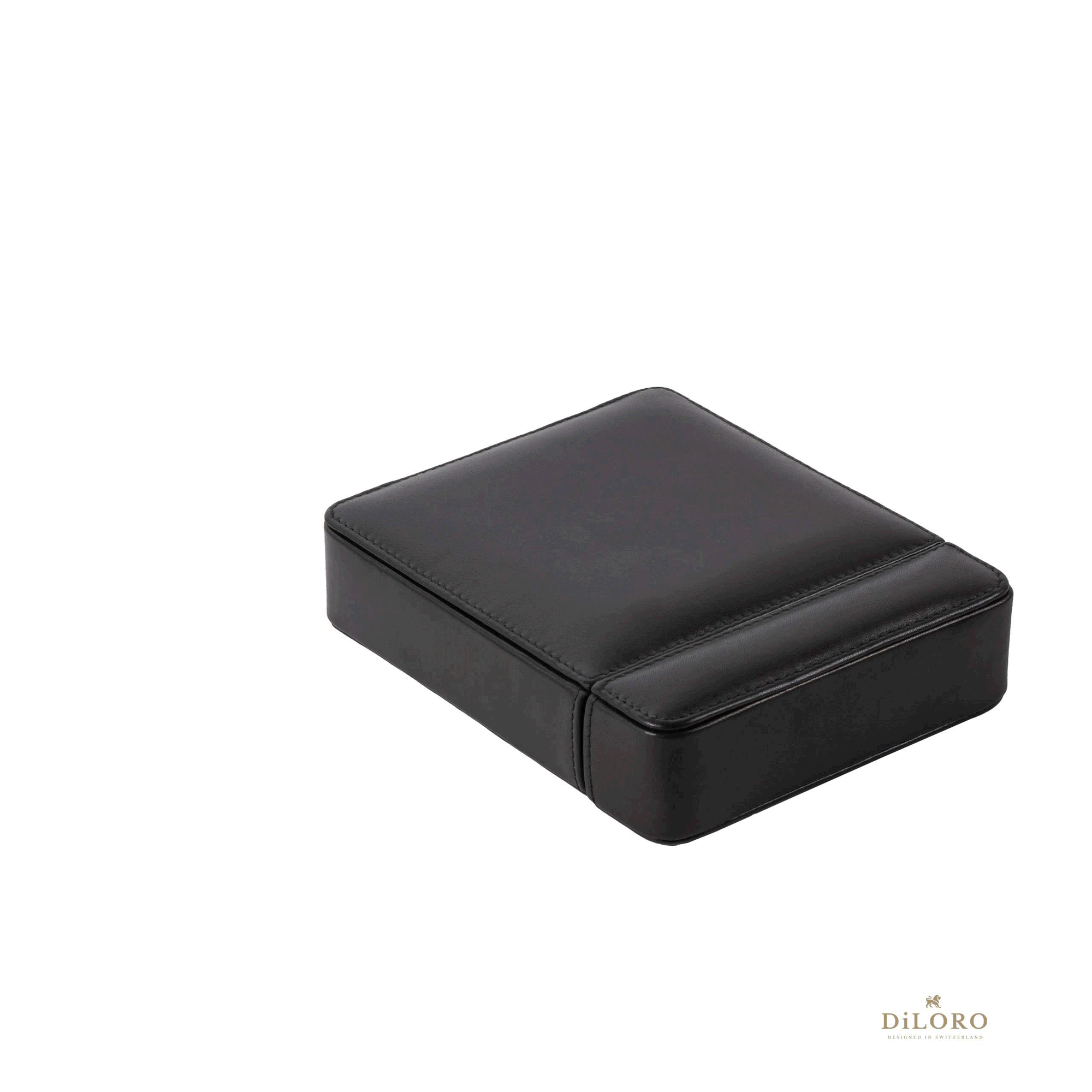 DiLoro Italian Leather Double Travel Watch Box Case Holder in Black - Animation Open - Close