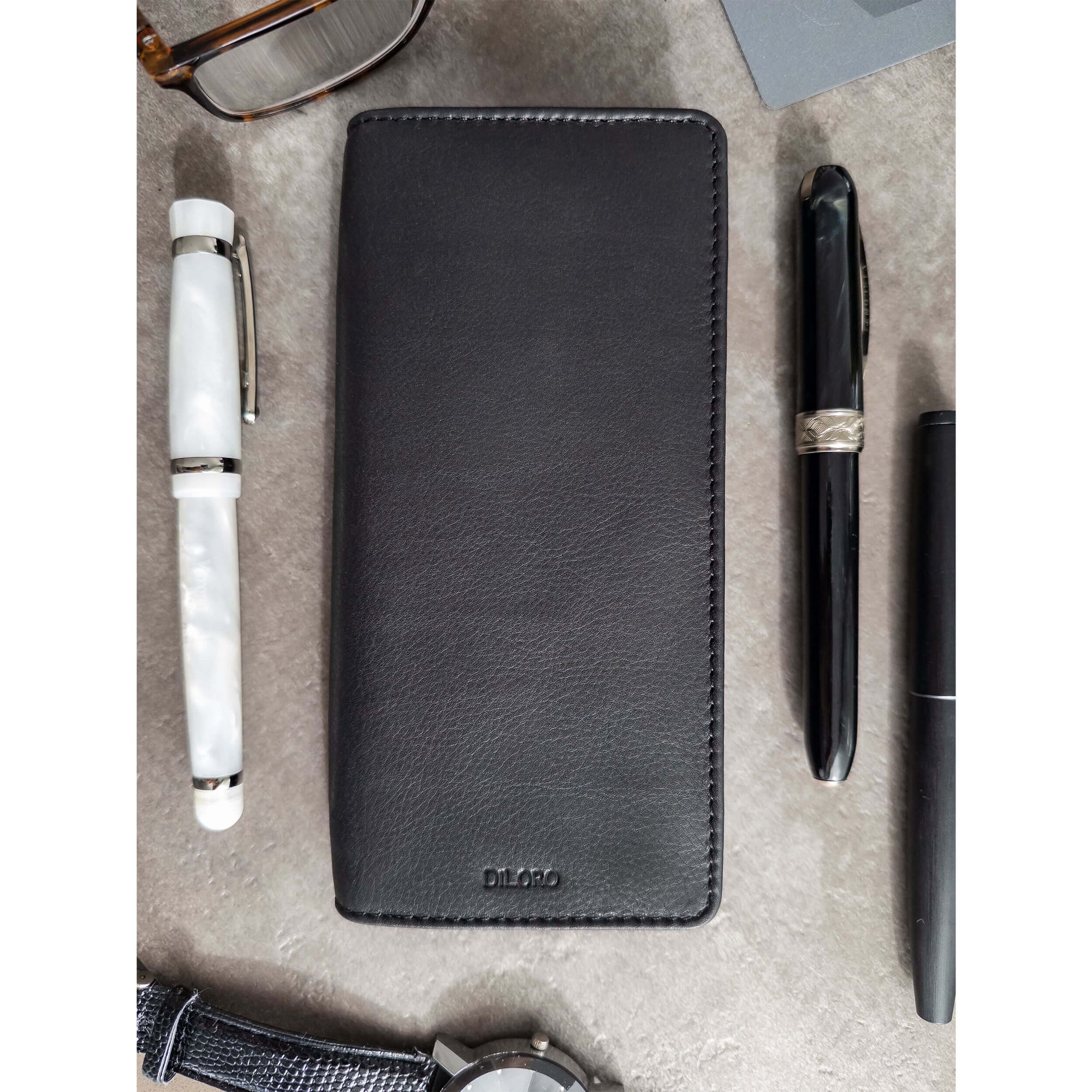 Zippered Three or Four Fountain Pen Pencil Reading- Sunglass Holder in Full Grain Leather Black Front