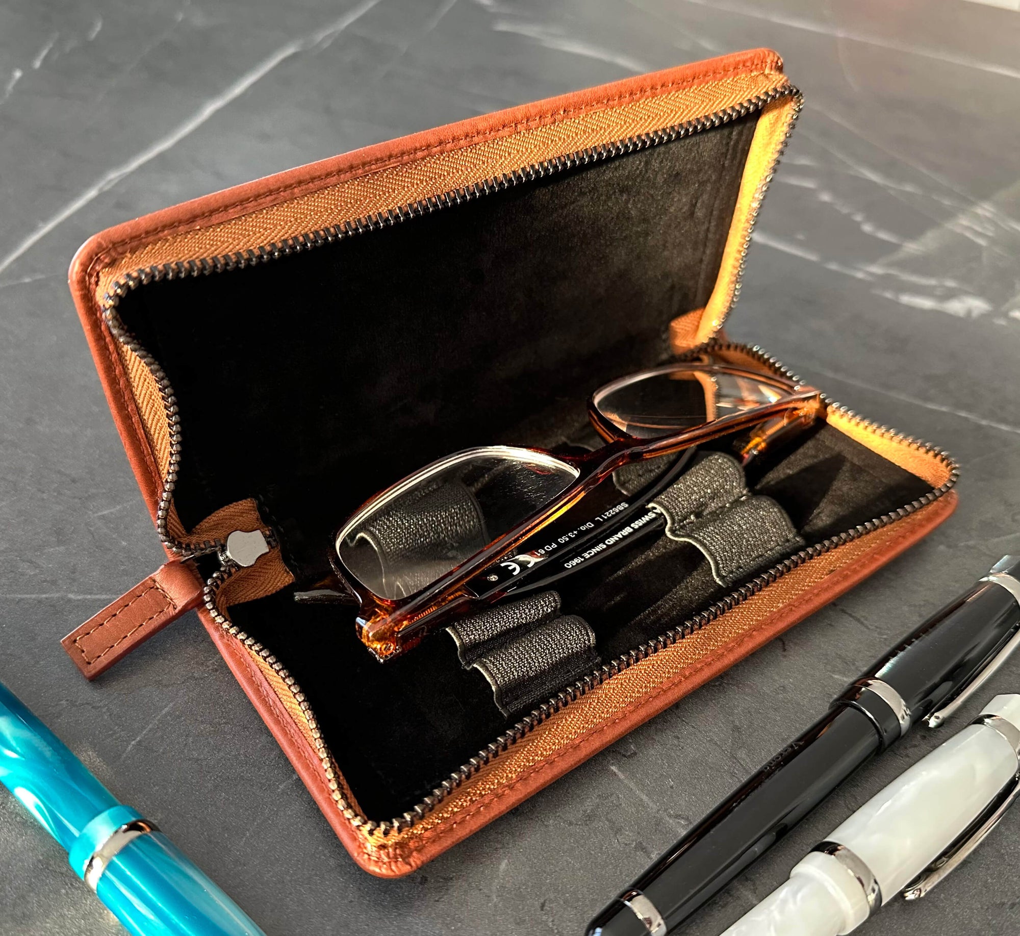 Zippered Three or Four Fountain Pen Pencil Reading- Sunglass Holder in Full Grain Leather Bugatti Tan Open Reading Glasses