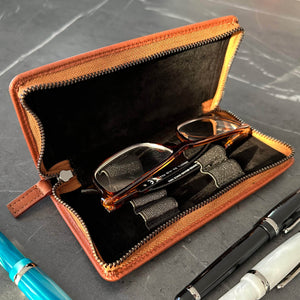 Zippered Three or Four Fountain Pen Pencil Reading- Sunglass Holder in Full Grain Leather Bugatti Tan Open Reading Glasses